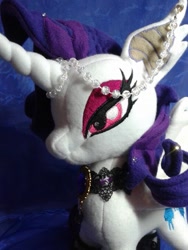 Size: 720x960 | Tagged: safe, artist:legadema, rarity, bat pony, pony, irl, jewelry, lidded eyes, photo, plushie, race swap, raribat, solo