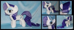 Size: 4283x1754 | Tagged: safe, artist:peruserofpieces, rarity, pony, unicorn, bedroom eyes, female, from behind, happy, horn, irl, lidded eyes, long tail, mare, photo, plushie, profile, smiling, solo, toy