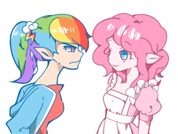 Size: 1440x1080 | Tagged: safe, artist:魔法绚烂美少年, derpibooru import, pinkie pie, rainbow dash, human, clothes, dress, elf ears, female, humanized, shirt, sweater