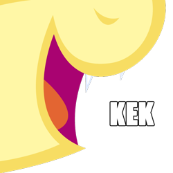 Size: 612x612 | Tagged: safe, edit, fluttershy, bat pony, pony, caption, close-up, fangs, flutterbat, image macro, kek, meme, mouth, nose, nostrils, open mouth, race swap, recolor, simple background, smiling, solo, teeth, tongue out, tooth, transparent background