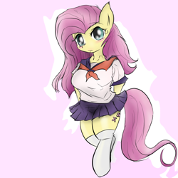 Size: 1080x1080 | Tagged: safe, artist:mabo3, fluttershy, anthro, clothes, pixiv, school uniform, skirt, solo