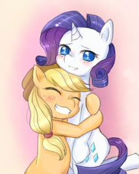 Size: 1024x1280 | Tagged: safe, artist:purin, artist:shouyu musume, applejack, rarity, earth pony, pony, unicorn, blushing, cute, female, hug, jackabetes, lesbian, mare, pixiv, raribetes, rarijack, shipping