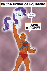 Size: 2000x3036 | Tagged: safe, artist:mlp-silver-quill, rarity, pony, unicorn, angry, crossover, glow, he-man, holding a pony, parody, put me down, speech bubble