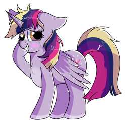 Size: 1280x1216 | Tagged: safe, artist:rainbowtashie, derpy hooves, twilight sparkle, twilight sparkle (alicorn), oc, alicorn, pegasus, pony, blushing, commissioner:bigonionbean, cute, cutie mark, fusion, muzzle markings