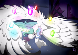 Size: 3035x2149 | Tagged: safe, artist:twigpony, princess celestia, alicorn, pony, castle of the royal pony sisters, elements of harmony, jewelry, large wings, magic, regalia, solo, spread wings, telekinesis, unshorn fetlocks, window