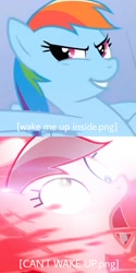 Size: 1024x2048 | Tagged: safe, derpibooru import, edit, edited screencap, screencap, rainbow dash, pegasus, pony, the mysterious mare do well, bring me to life, comic, derp, descriptive noise, evanescence, faic, female, frown, glare, glowing eyes, glowing eyes meme, grin, looking at you, mare, meme, open mouth, screencap comic, smiling, smirk, solo, wake me up inside, wide eyes