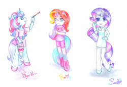 Size: 1024x705 | Tagged: safe, artist:lillyflover, rarity, rarity (g3), sparkler (g1), anthro, g1, g3, generational ponidox, square crossover, traditional art