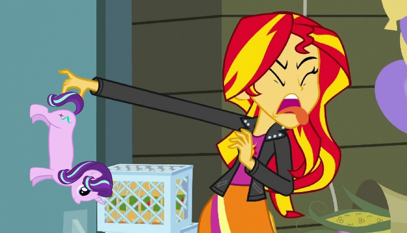 1303048 - safe, artist:thetazen, edit, edited screencap, screencap,  starlight glimmer, sunset shimmer, pony, unicorn, equestria girls,  equestria girls (movie), balloon, clothes, corn, disgusted, exploitable  meme, food, jacket, leather jacket, long ...