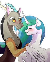 Size: 840x1049 | Tagged: safe, artist:hikariviny, discord, princess celestia, alicorn, pony, blushing, dislestia, female, male, shipping, straight