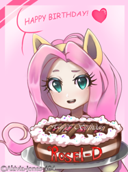 Size: 878x1174 | Tagged: safe, artist:akivia-jones-404, fluttershy, human, birthday, cake, eared humanization, humanized, solo