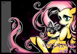 Size: 1023x716 | Tagged: safe, artist:han_hyui, fluttershy, butterfly, pegasus, pony, korean, solo