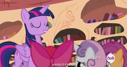 Size: 1151x609 | Tagged: safe, derpibooru import, screencap, apple bloom, scootaloo, sweetie belle, twilight sparkle, twilight sparkle (alicorn), alicorn, pony, twilight time, cutie mark crusaders, female, hub logo, mare, meme, youtube caption