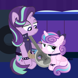 Size: 1000x1000 | Tagged: safe, artist:dm29, princess flurry heart, starlight glimmer, alicorn, pony, unicorn, bow, collar, duo, edgelight glimmer, female, filly, filly flurry heart, goth, guitar, hair bow, lidded eyes, mare, musical instrument, older, older flurry heart, princess emo heart, speaker