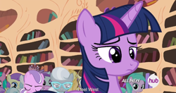 Size: 1152x609 | Tagged: safe, derpibooru import, screencap, alula, aquamarine, aura (character), cotton cloudy, diamond tiara, dinky hooves, heidi hay, liza doolots, noi, petunia, ruby pinch, silver spoon, tootsie flute, twilight sparkle, twilight sparkle (alicorn), alicorn, pony, twilight time, female, hub logo, mare, meme, youtube caption