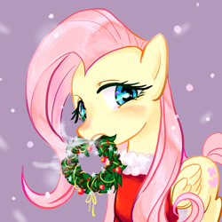 Size: 800x800 | Tagged: safe, artist:han_hyui, fluttershy, pegasus, pony, bedroom eyes, blushing, breath, clothes, looking at you, mouth hold, santa costume, smiling, snow, snowfall, solo, wreath