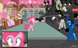 Size: 4876x3048 | Tagged: safe, artist:oinktweetstudios, discord, pinkie pie, oc, earth pony, pony, make new friends but keep discord, absurd resolution, animated actors, behind the scenes, boom mic, camera, camera shot, film set, fourth wall, recording, scene interpretation, script