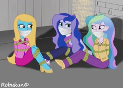 Size: 1023x731 | Tagged: safe, artist:robukun, princess celestia, princess luna, principal celestia, vice principal luna, oc, oc:principal shine, equestria girls, bondage, cloth gag, damsel in distress, gag, tied up