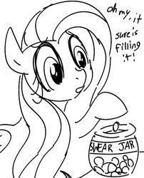 Size: 406x502 | Tagged: safe, artist:dotkwa, fluttershy, pegasus, pony, jar, monochrome, solo, swear jar