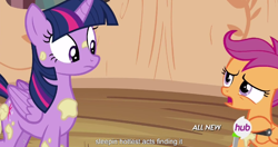 Size: 1152x609 | Tagged: safe, derpibooru import, screencap, scootaloo, twilight sparkle, twilight sparkle (alicorn), alicorn, pony, twilight time, female, hub logo, mare, meme, youtube caption