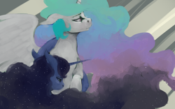 Size: 1406x879 | Tagged: safe, artist:colorlesscupcake, princess celestia, princess luna, alicorn, pony, female, horn, mare, multicolored mane, sad, solo, white coat