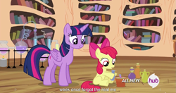 Size: 1151x609 | Tagged: safe, derpibooru import, screencap, apple bloom, twilight sparkle, twilight sparkle (alicorn), alicorn, pony, twilight time, female, hub logo, mare, meme, youtube caption