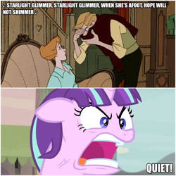 Size: 1000x1000 | Tagged: safe, edit, edited screencap, editor:thor-disciple, screencap, starlight glimmer, pony, unicorn, the cutie map, 101 dalmatians, anita radcliffe, caption, image macro, quiet, ragelight glimmer, roger radcliffe, singing, song, song parody, text, yelling