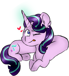 Size: 603x669 | Tagged: safe, artist:honneymoonmlp, derpibooru exclusive, starlight glimmer, pony, unicorn, female, glowing horn, heart, horn, long glimmer, long pony, mare, meme, one eye closed, solo, tongue out, wink