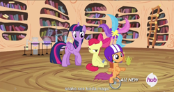 Size: 1152x610 | Tagged: safe, derpibooru import, screencap, apple bloom, scootaloo, twilight sparkle, twilight sparkle (alicorn), alicorn, pony, twilight time, female, hub logo, mare, meme, youtube caption