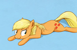 Size: 500x325 | Tagged: safe, artist:el-yeguero, applejack, earth pony, pony, loose hair, lying down, missing accessory, prone, solo, sploot