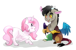Size: 1024x681 | Tagged: safe, artist:hikariviny, discord, princess celestia, alicorn, draconequus, pony, blank flank, blushing, butt, cewestia, colored hooves, cute, cutelestia, daaaaaaaaaaaw, discute, duo, duo male and female, female, filly, foal, looking at each other, male, open mouth, pink-mane celestia, plot, shadow, simple background, sitting, smiling, spread wings, spreading, standing, sunbutt, weapons-grade cute, white background, wings, young discord, younger