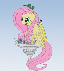 Size: 616x682 | Tagged: safe, artist:ravenpuff, fluttershy, bird, pegasus, pony, behaving like a bird, bird bath, cute, eyes closed, female, funny, gradient background, happy, mare, open mouth, raised hoof, shyabetes, sitting, smiling, solo, splashing