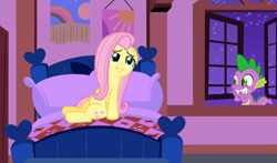 Size: 1366x801 | Tagged: safe, artist:ninja-bob, artist:sapphire-beauty0, fluttershy, spike, dragon, pegasus, pony, bed, bedroom, bedroom eyes, female, flutterspike, hundreds of users filter this tag, male, my body is ready, shipping, smiling, straight, vector