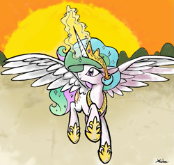 Size: 771x731 | Tagged: safe, artist:yewdee, princess celestia, alicorn, pony, flying, magic, solo, sun, sunrise