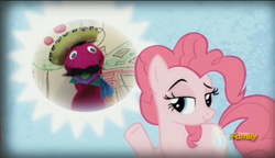 Size: 1488x856 | Tagged: safe, edit, pinkie pie, señor huevos, earth pony, pony, make new friends but keep discord, the lost treasure of griffonstone, discord's portal, exploitable meme, meme, pinkie presenter, puppet, puppet dimension, sock puppet