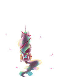 Size: 1024x1229 | Tagged: safe, artist:delirious-artist, princess celestia, alicorn, pony, both cutie marks, flower, lineless, petals, rear view, sitting, solo