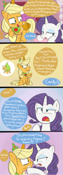 Size: 695x1920 | Tagged: safe, artist:lance, applejack, rarity, alicorn, pony, zombie, alicornified, applecorn, clothes, comic, costume, fake horn, fake wings, female, lesbian, marshmelodrama, open mouth, pear, pearjack, race swap, raised hoof, rarijack, shipping, stitches