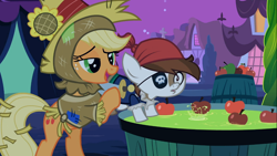 Size: 1366x768 | Tagged: safe, screencap, applejack, pipsqueak, earth pony, pony, luna eclipsed, colt, male, out of context