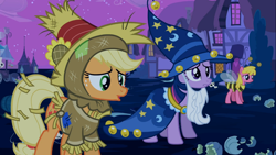 Size: 1366x768 | Tagged: safe, screencap, applejack, twilight sparkle, earth pony, pony, luna eclipsed, female, mare