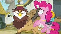 Size: 1920x1080 | Tagged: safe, screencap, gunter, pinkie pie, earth pony, griffon, pony, the lost treasure of griffonstone, background griffon, discovery family logo, duo, fez, hat, narrowed eyes, owl griffon, wide eyes