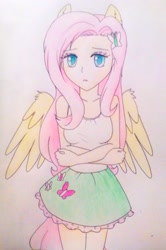 Size: 1322x1990 | Tagged: safe, artist:little-miss-oshawott, fluttershy, human, clothes, eared humanization, equestria girls outfit, humanized, skirt, solo, tanktop, traditional art, winged humanization