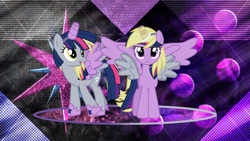 Size: 3840x2160 | Tagged: safe, artist:geometrymathalgebra, artist:laszlvfx, edit, derpy hooves, twilight sparkle, twilight sparkle (alicorn), alicorn, pony, clothes, cosplay, costume, duo, female, mare, wallpaper, wallpaper edit