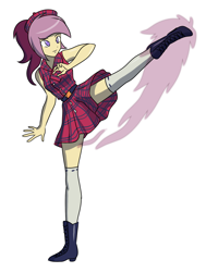 Size: 1372x1812 | Tagged: safe, artist:danmakuman, oc, oc only, oc:lannie lona, equestria girls, boots, clothes, dress, female, hat, kick, plaid, ponytail, shoes, simple background, skirt, skirt lift, smiling, socks, solo, thigh highs, white background