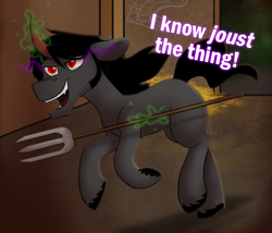 Size: 700x600 | Tagged: safe, artist:wiggles, derpibooru import, king sombra, pony, unicorn, ask king sombra, glowing horn, magic, pitchfork, pun, telekinesis