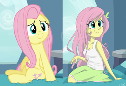 Size: 1520x1033 | Tagged: safe, artist:silbersternenlicht, screencap, fluttershy, pegasus, pony, equestria girls, tanks for the memories, clothes, comparison, cute, equestria girls interpretation, heart eyes, scene interpretation, skirt, smiling, solo, tanktop, wingding eyes