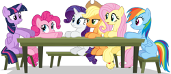 Size: 969x417 | Tagged: safe, artist:korsoo, derpibooru import, applejack, fluttershy, pinkie pie, rainbow dash, rarity, twilight sparkle, twilight sparkle (alicorn), alicorn, earth pony, pegasus, pony, unicorn, the cutie map, .svg available, female, mane six, mare, simple background, svg, table, transparent background, vector