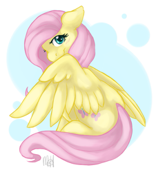 Size: 645x712 | Tagged: safe, artist:drackana, fluttershy, pegasus, pony, blushing, female, floppy ears, mare, signature, simple background, solo, white background