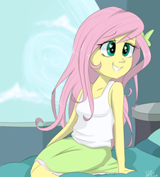 Size: 880x973 | Tagged: safe, artist:silbersternenlicht, fluttershy, equestria girls, tanks for the memories, bed, bedroom eyes, clothes, cute, equestria girls interpretation, meme, scene interpretation, skirt, smiling, solo, tanktop