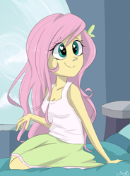 Size: 761x1033 | Tagged: safe, artist:silbersternenlicht, fluttershy, human, equestria girls, tanks for the memories, bed, clothes, cute, equestria girls interpretation, heart eyes, meme, scene interpretation, skirt, smiling, solo, tanktop, wingding eyes