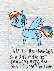 Size: 600x783 | Tagged: safe, artist:fonypan, artist:sweetie belle, derpibooru import, rainbow dash, pegasus, pony, lined paper, stylistic suck, sweetie's jurnal