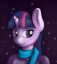 Size: 1500x1679 | Tagged: safe, artist:pentoolqueen, derpibooru import, twilight sparkle, anthro, clothes, scarf, snow, snowfall, solo